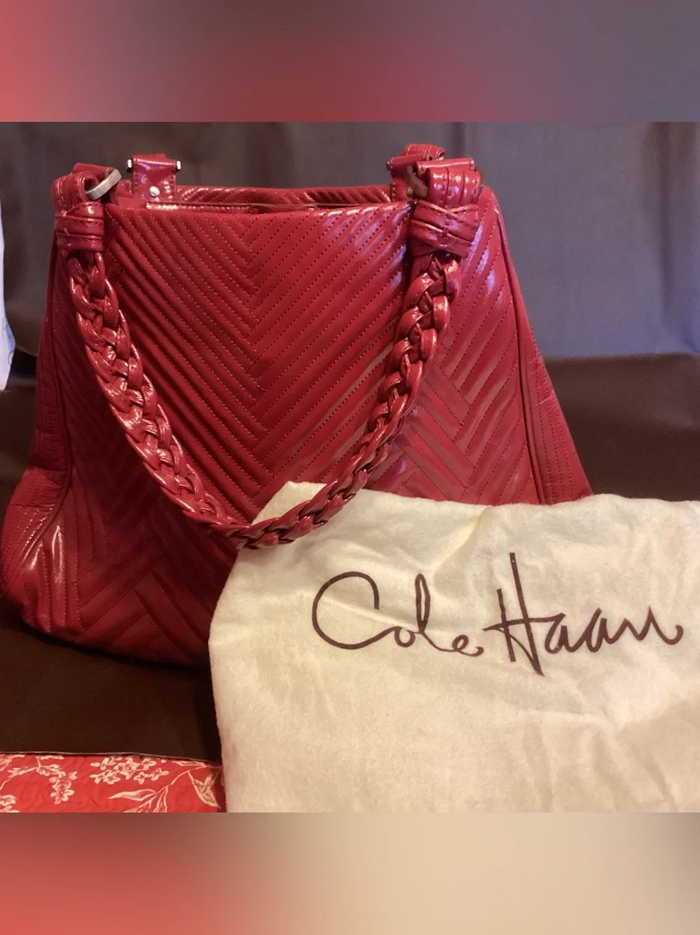 Cole Haan Red Quilted Chevron Leather Shoulder Tote